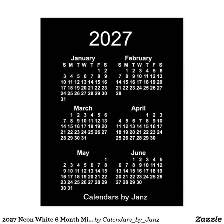 2027 Neon White 6 Month Mini Calendarjanz Postcard
