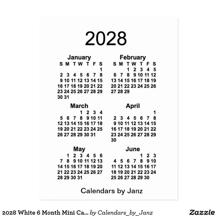 2028 White 6 Month Mini Calendarjanz Postcard Zazzle