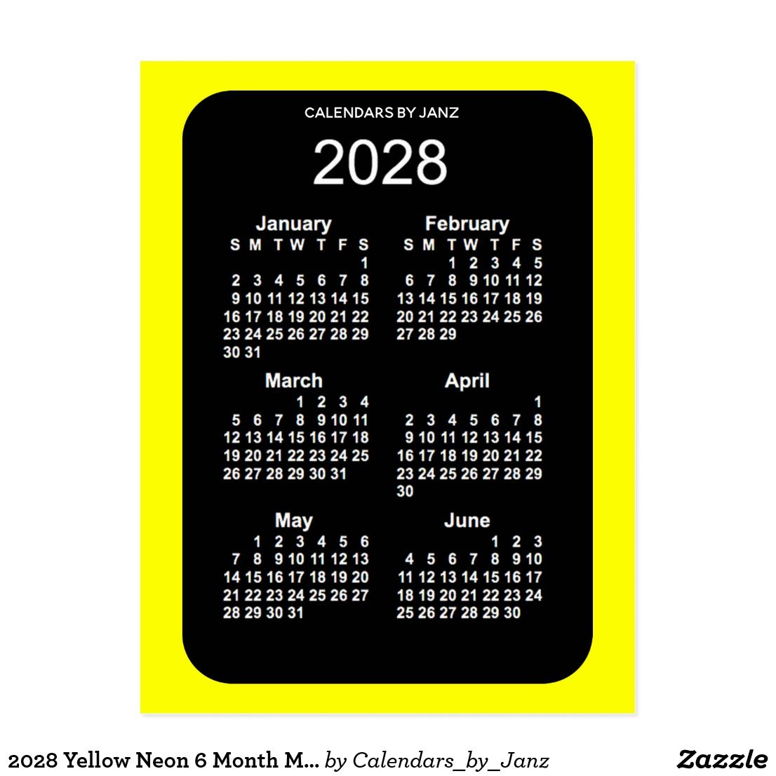 2028 Yellow Neon 6 Month Mini Calendarjanz Postcard