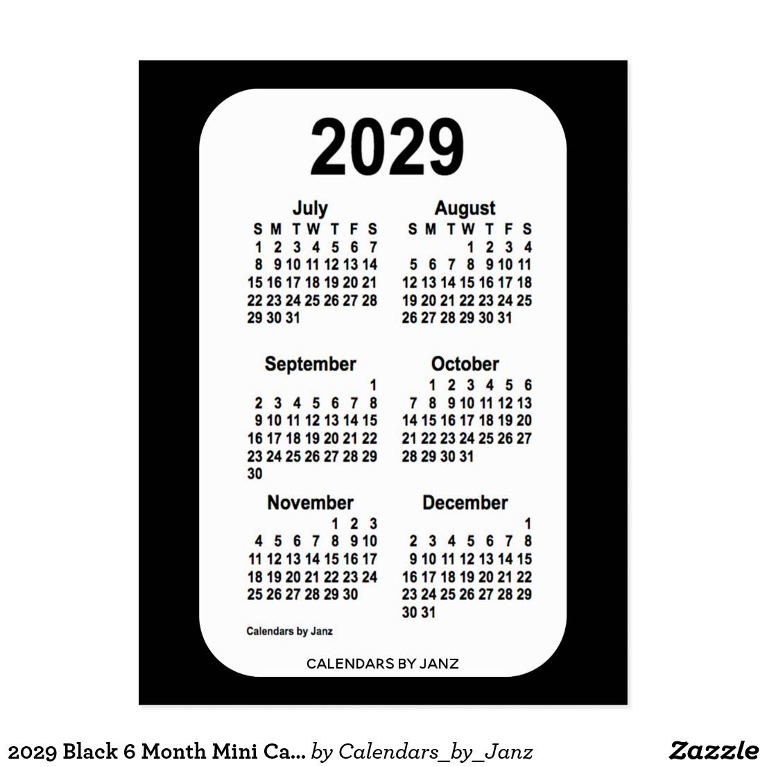 2029 Black 6 Month Mini Calendarjanz Postcard Mini
