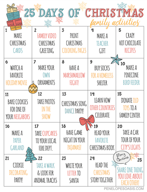 25 days of christmas advent activities calendar printable