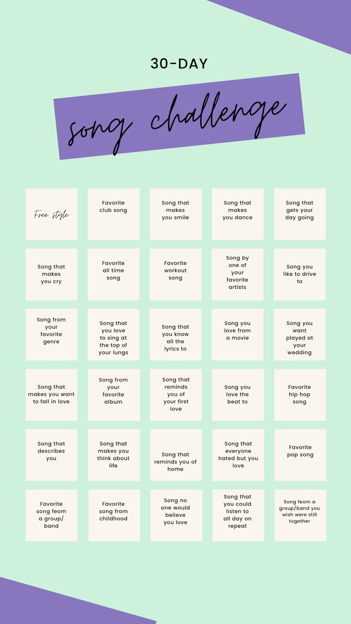 30 Day Song Challenge Printable Social Calendar Pdf Etsy