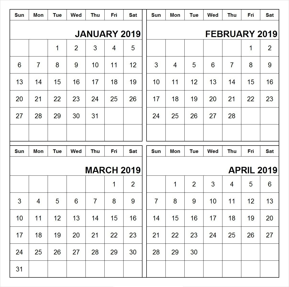 4 Months Calendar Printable January To April 2019