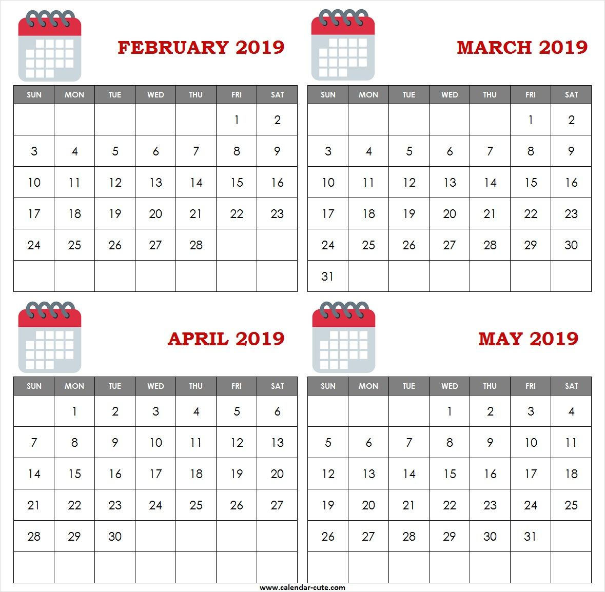 4 months february to may 2019 cute calendar to print