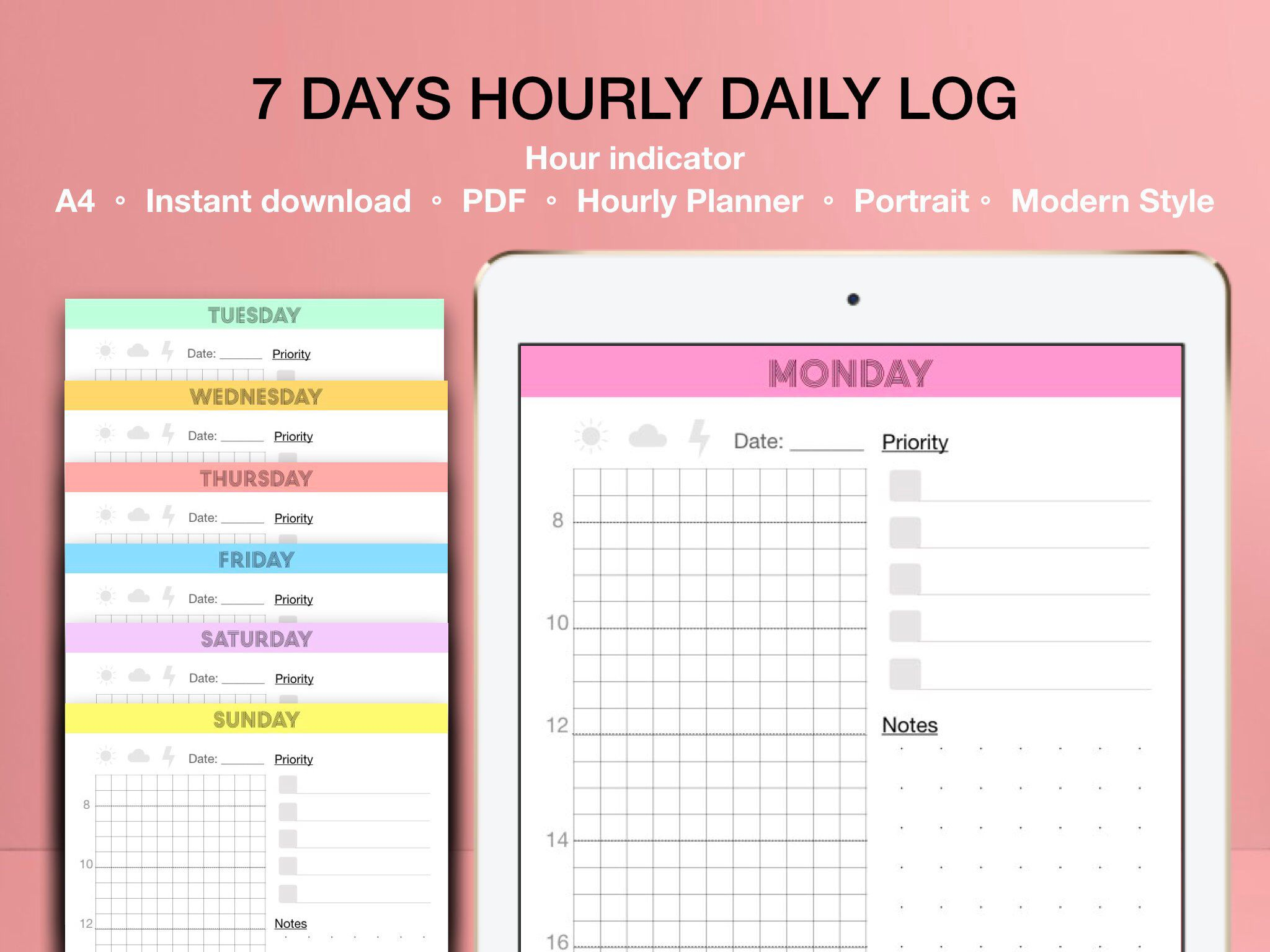 7 Days Daily Log Daily Planner Daily Printabledigital Day