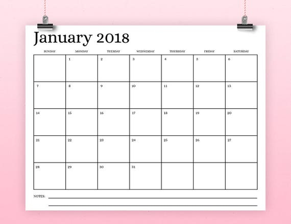 8 5×11 Inch 2018 Calendar Template Instant Download Serif