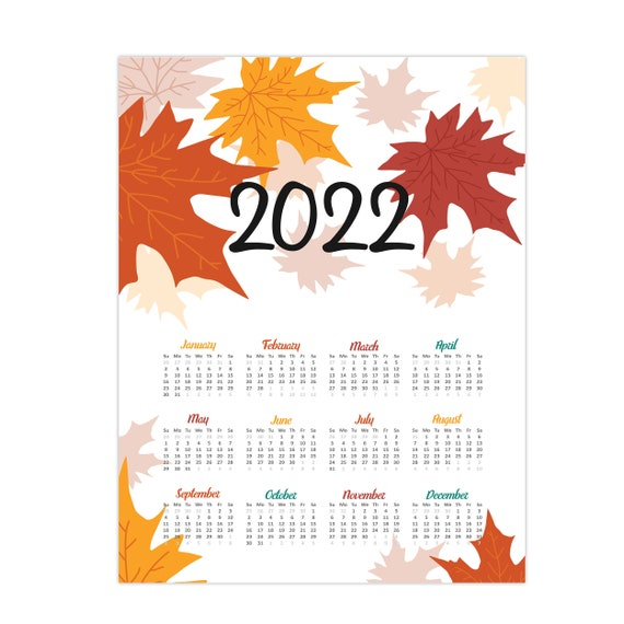 A4 Letter Size 2022 Year On One Page Printable Calendar