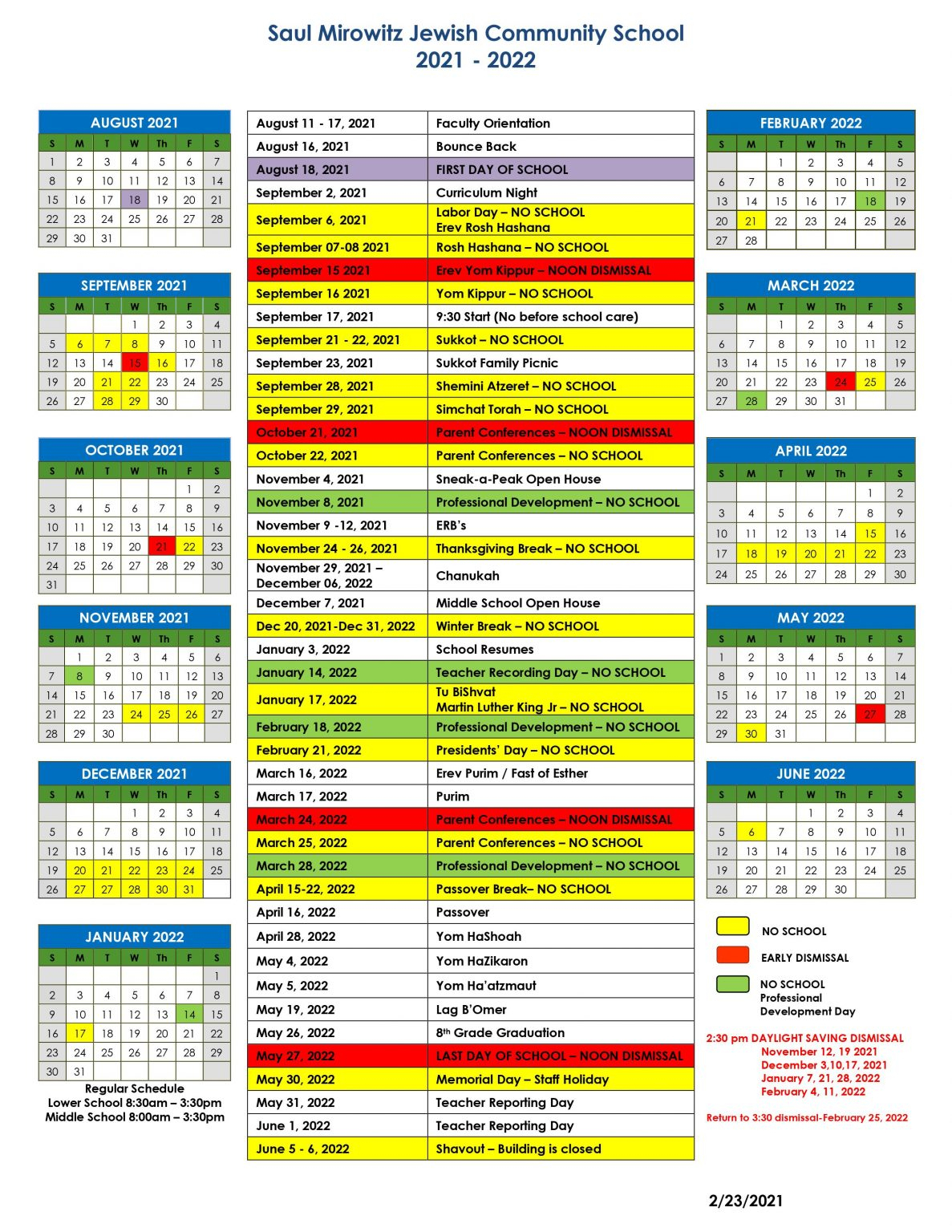 Academic Calendar Saul Mirowitz Jewish Community School