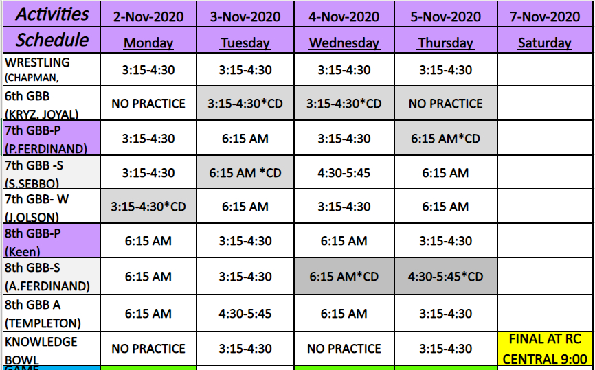 activity schedules southwest middle school