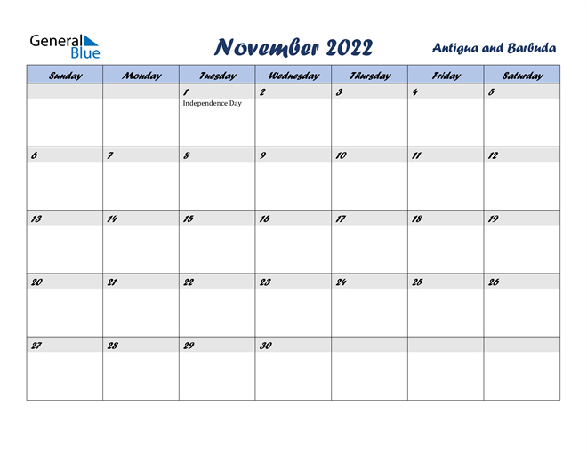 Antigua And Barbuda November 2022 Calendar With Holidays