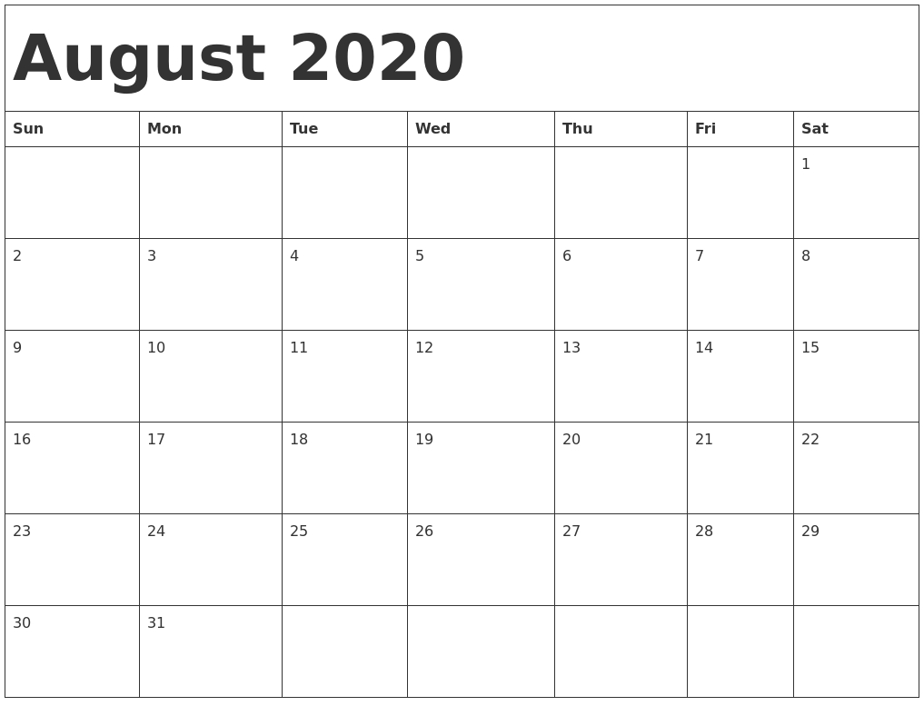 august 2020 printable calendar template 2020calendars
