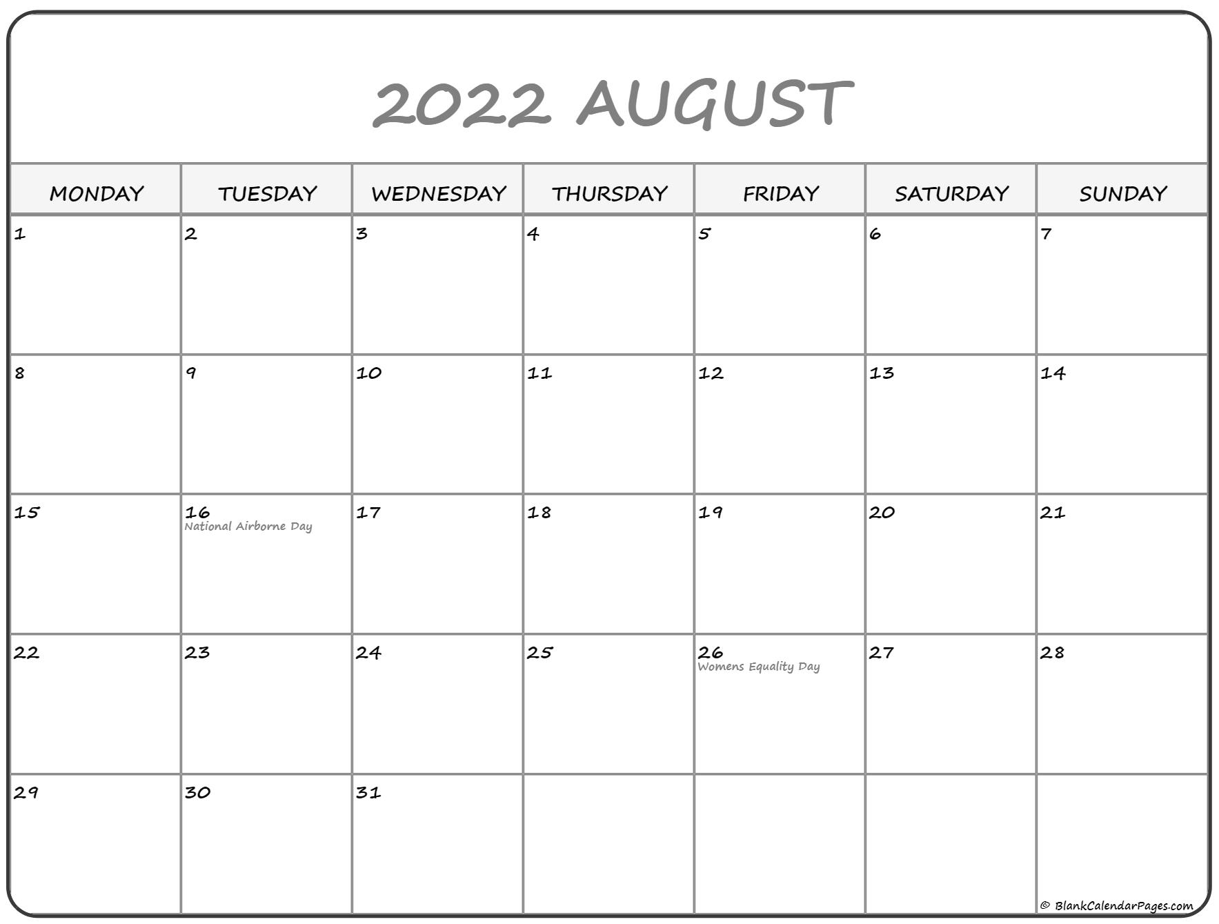 August 2022 Monday Calendar Monday To Sunday