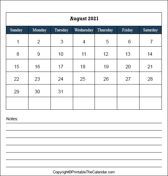 August Calendar 2021 With Notes Printable The Calendar