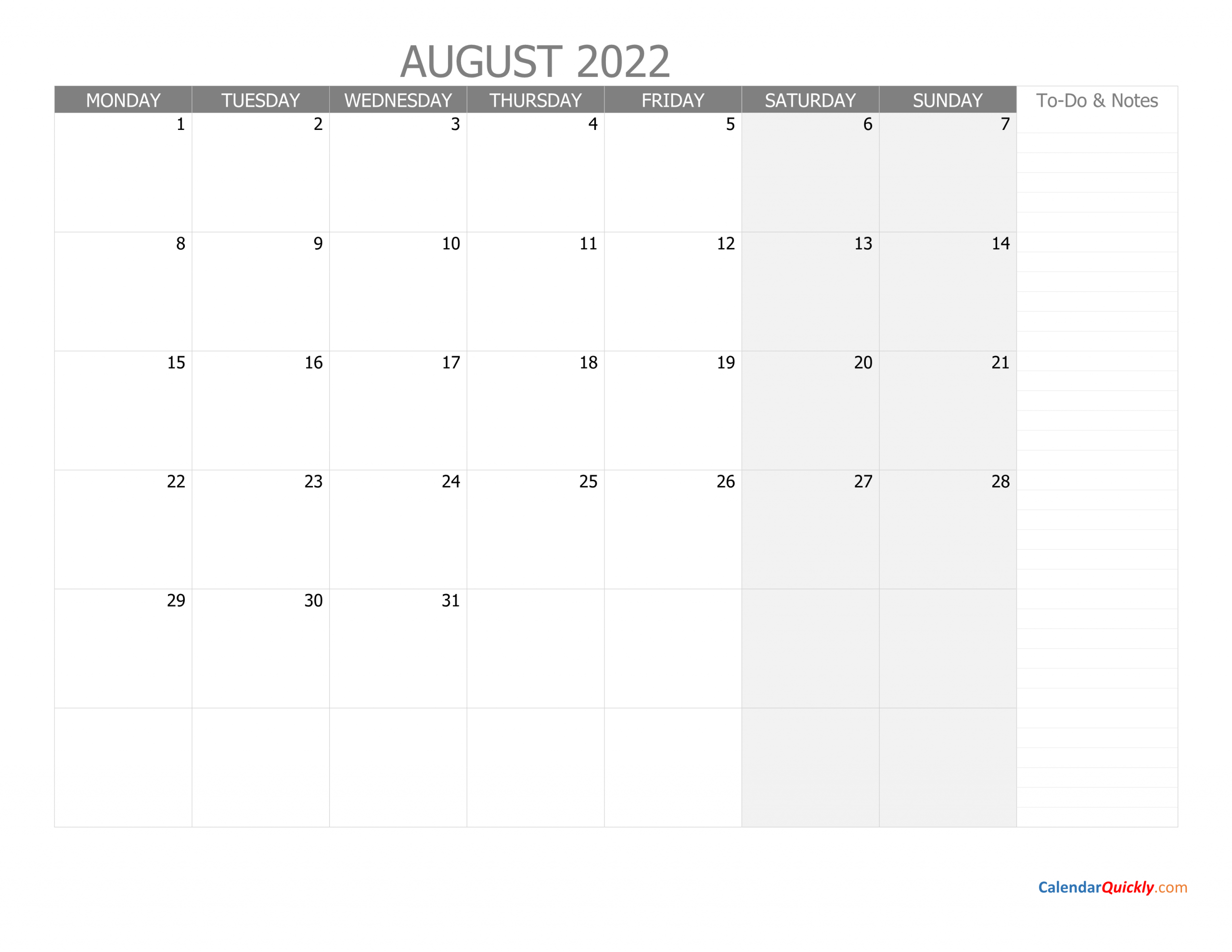 August Monday Calendar 2022 With Notes Calendar Quickly