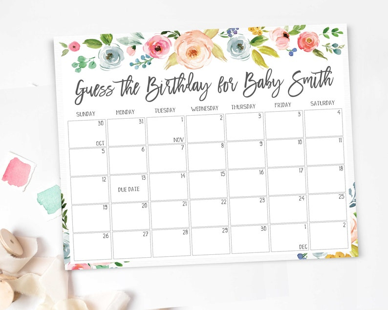 Baby Due Date Calendar Printable Game Guess Baby Birthday