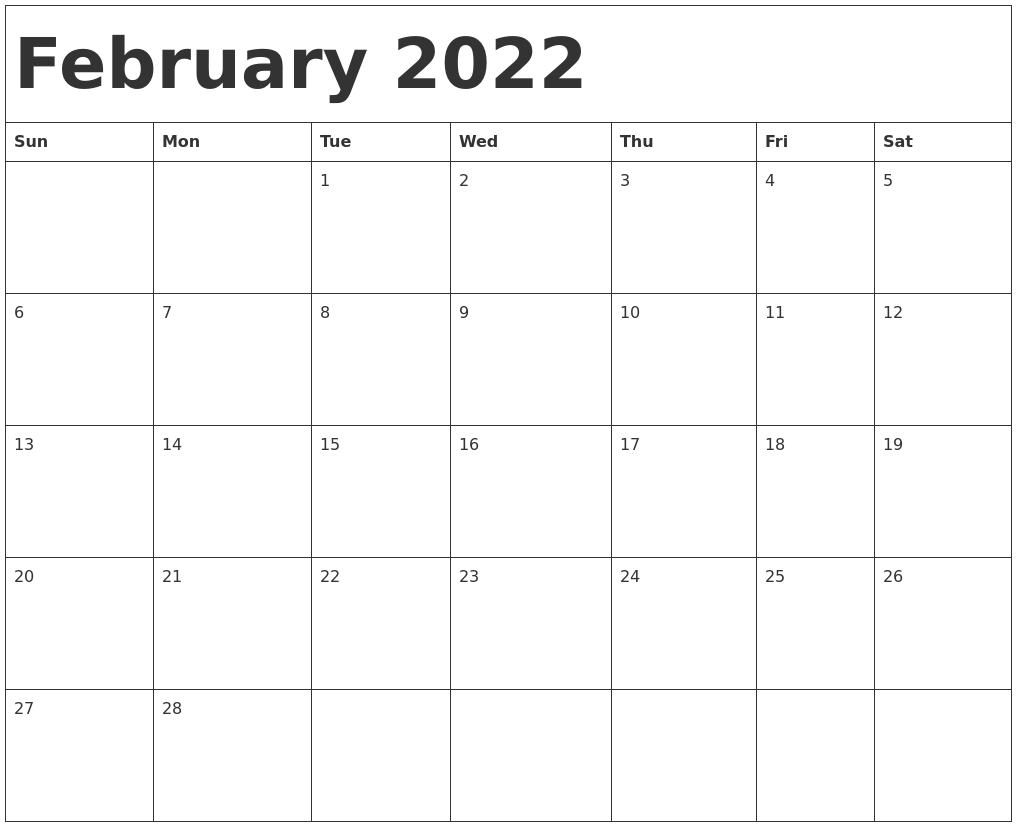Bfegruary 2022 Printable Calendar March 2022 Calendar