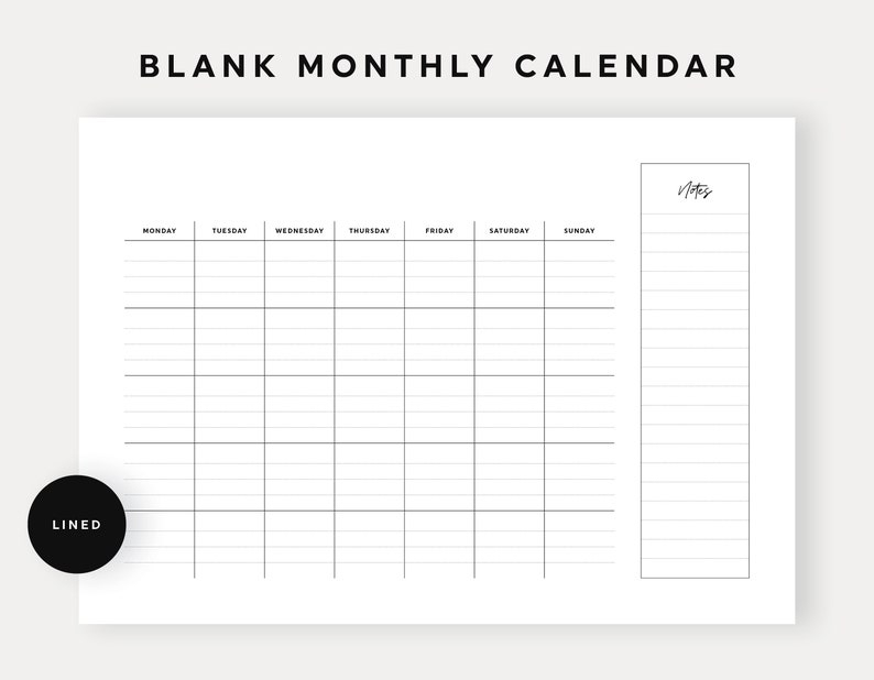 blank calendar notes printable monthly calendar wall etsy