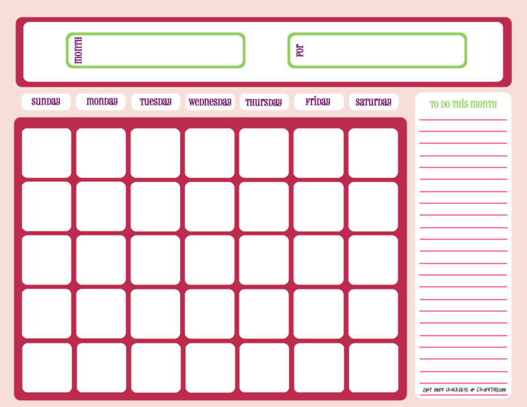 Blank Month Calendar Pinks Free Printable Downloads