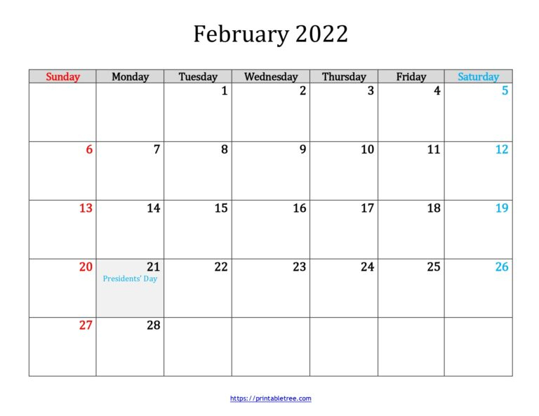 Blank Printable Calendar February 2022 Pdf Templates Free
