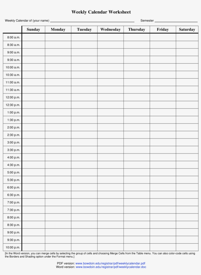 Blank Weekly Calendar Template With Time Slots Pdf
