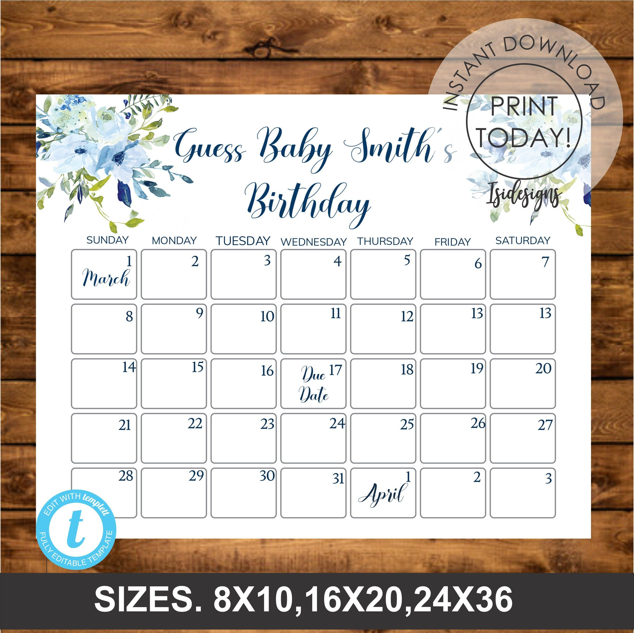 Blue Floral Editable Due Date Calendar Guess Baby