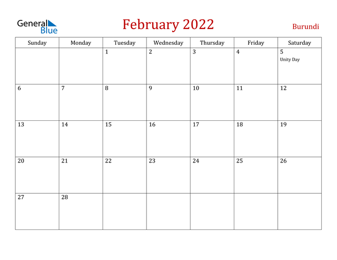 Burundi February 2022 Calendar With Holidays