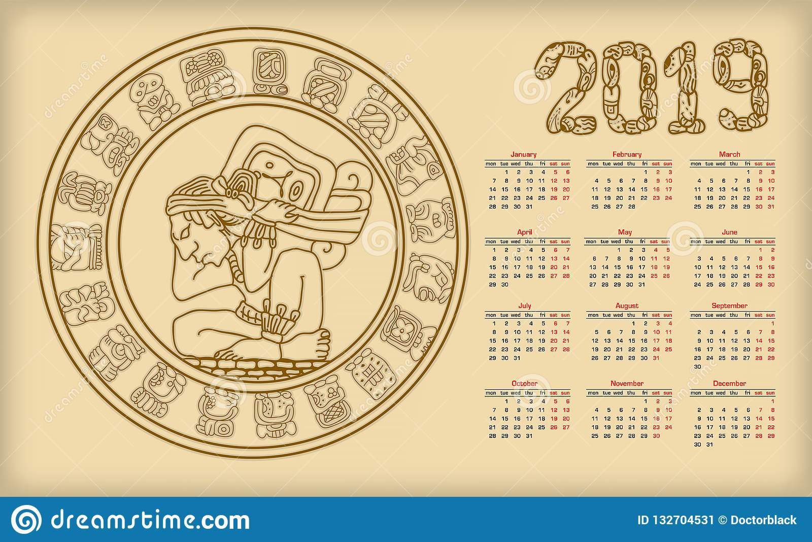 Calendar 2019 With Maya Symbolics Stock Illustration