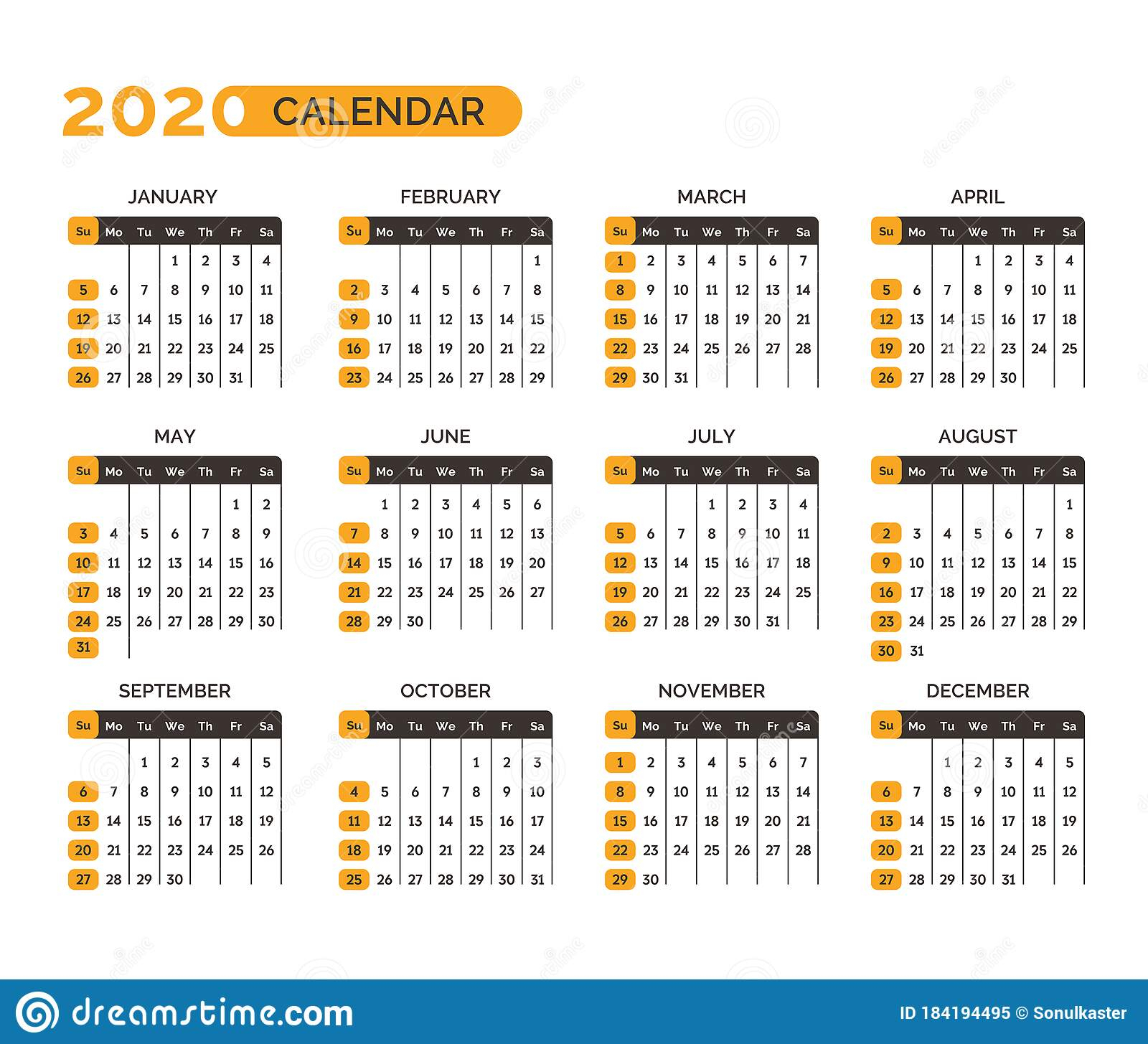 Calendar For 2020 Year With Months And Weeks Vector Stock