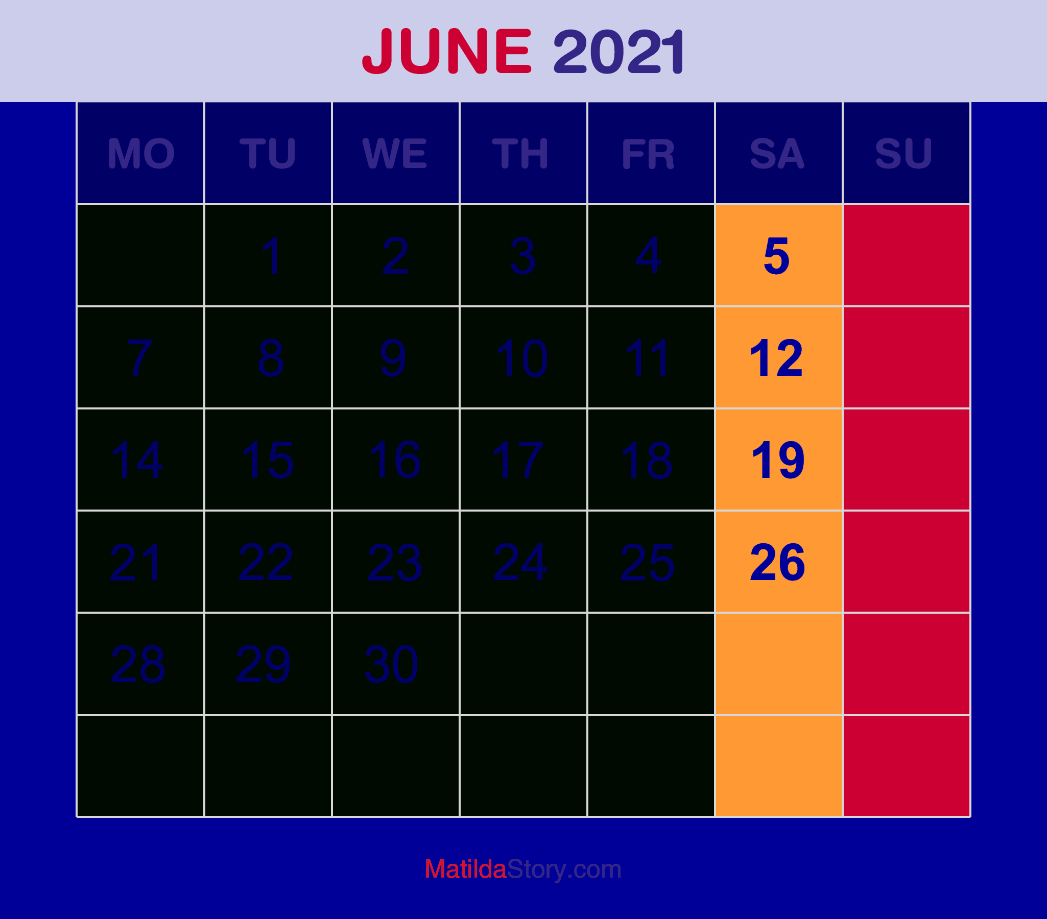 Calendar June 2021 Monday Start June 2021 Calendar