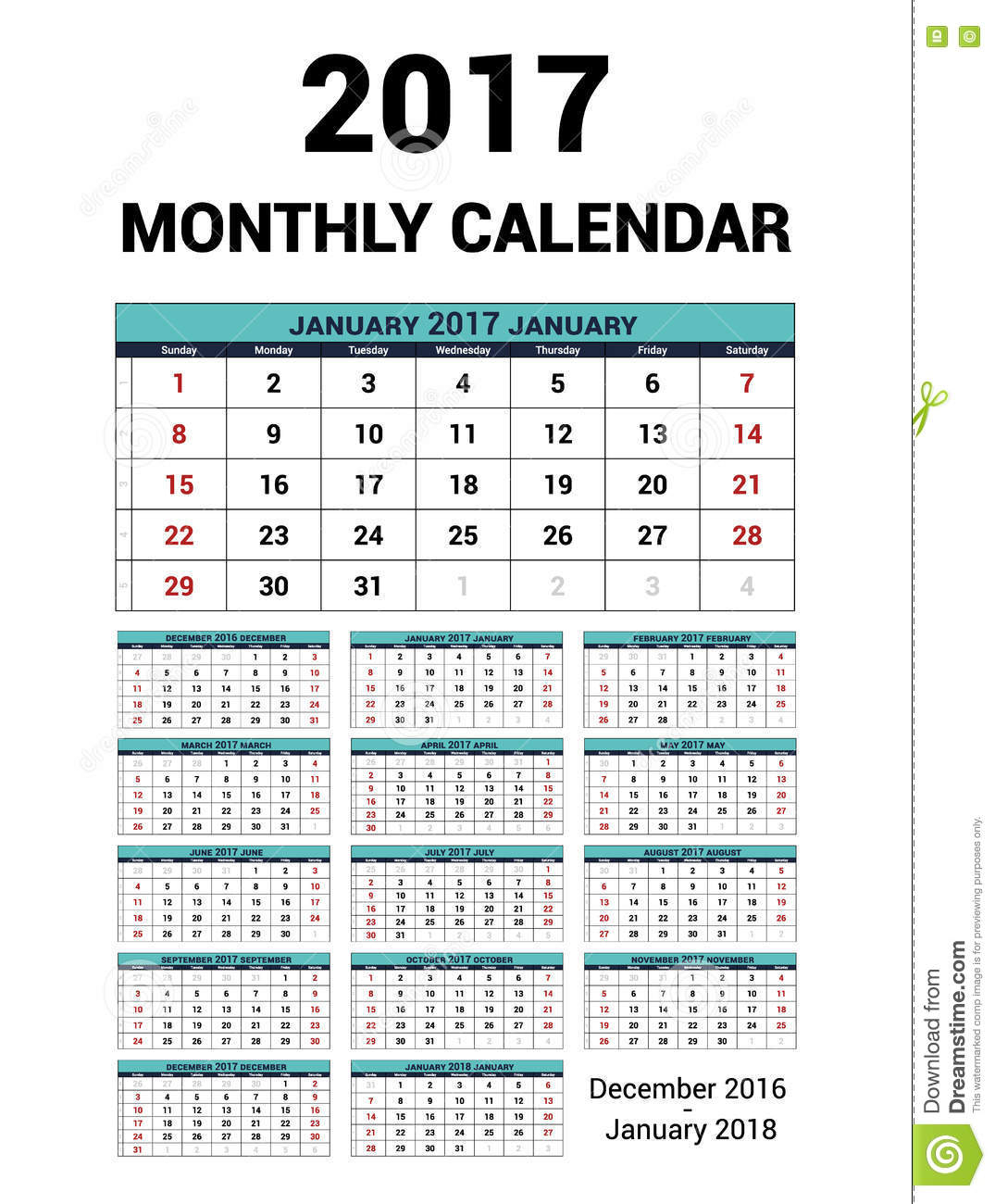calendar monthly for 2017 year vector stationery design