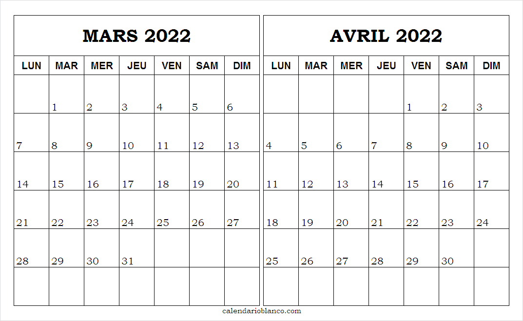 calendrier mars avril 2022 france monthly calendar 2022