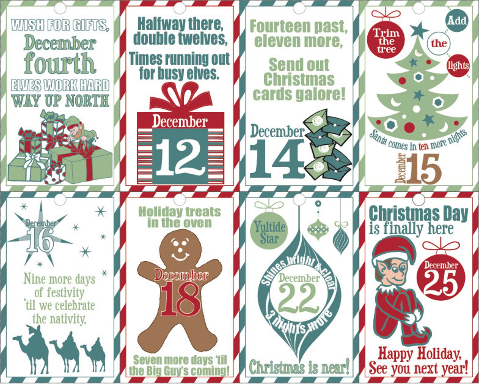Christmas Elf Advent Decoration Cards Printable Countdown