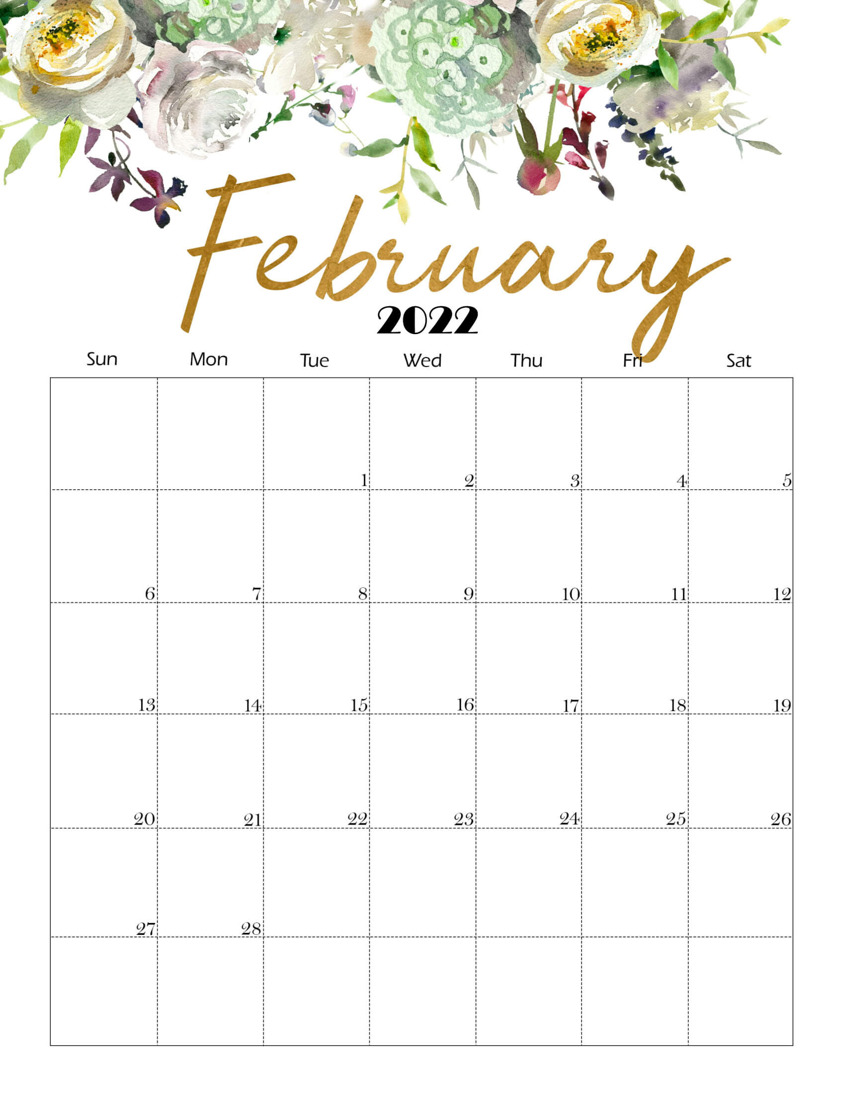 Cute February 2022 Calendar Printable Floral Designs 2