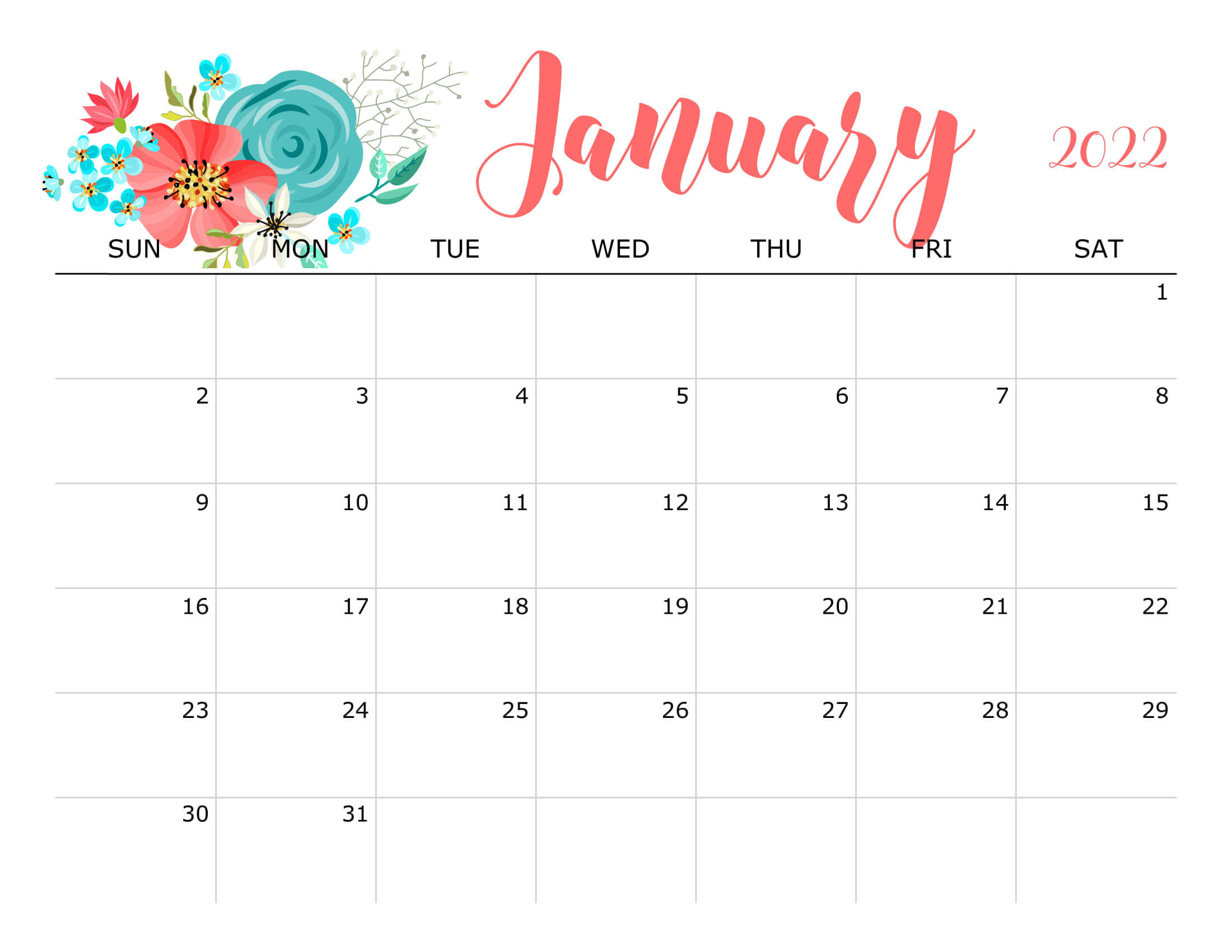 Cute January 2022 Calendar Printable Floral Designs