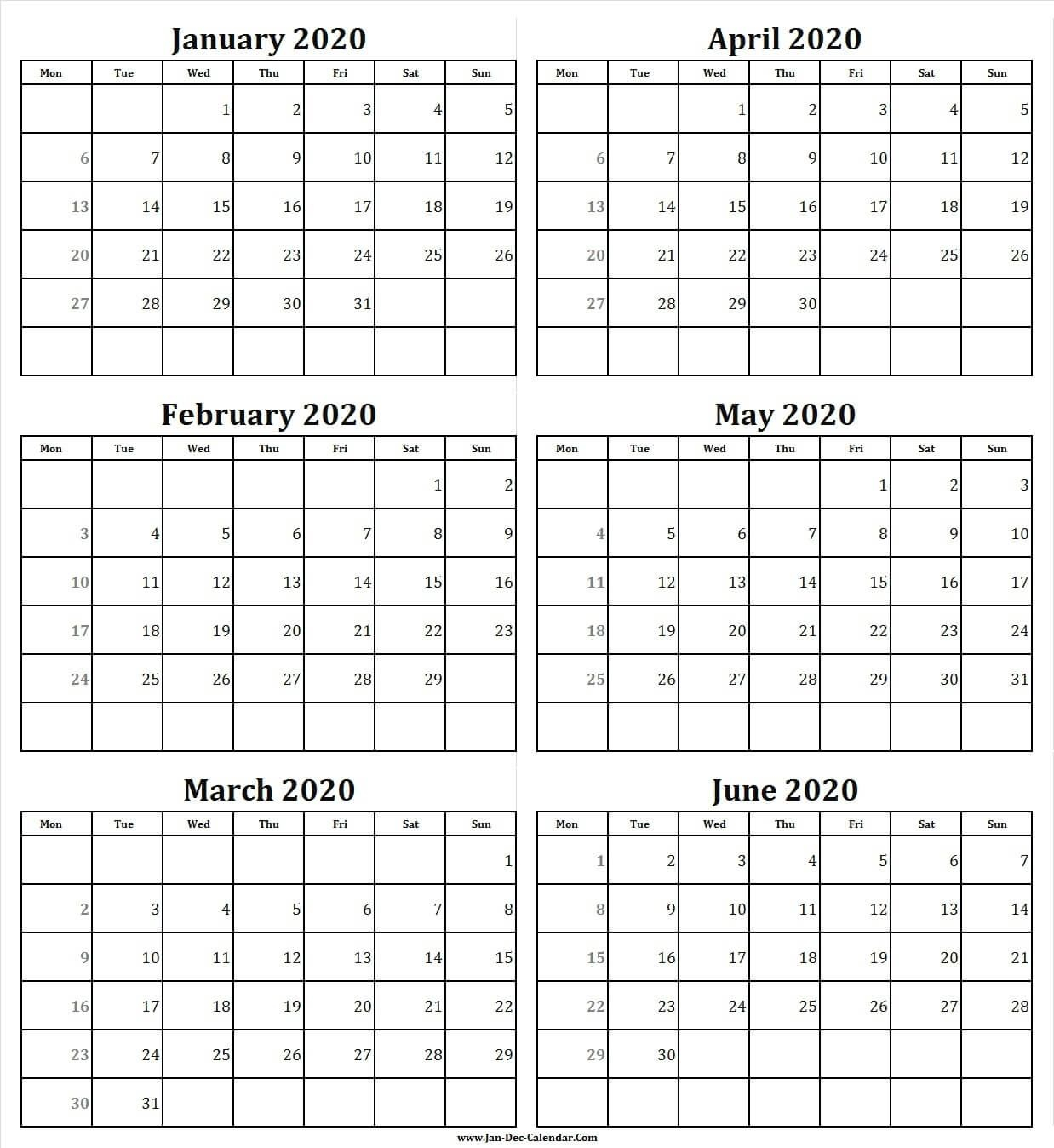 Dashing 6 Month Blank Calendar 2020 Calendar Printables 1
