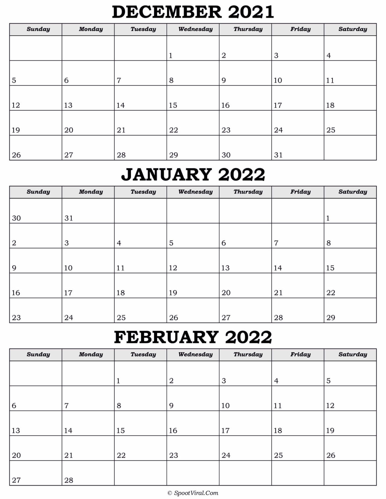 December 2021 January February 2022 Calendar Templates
