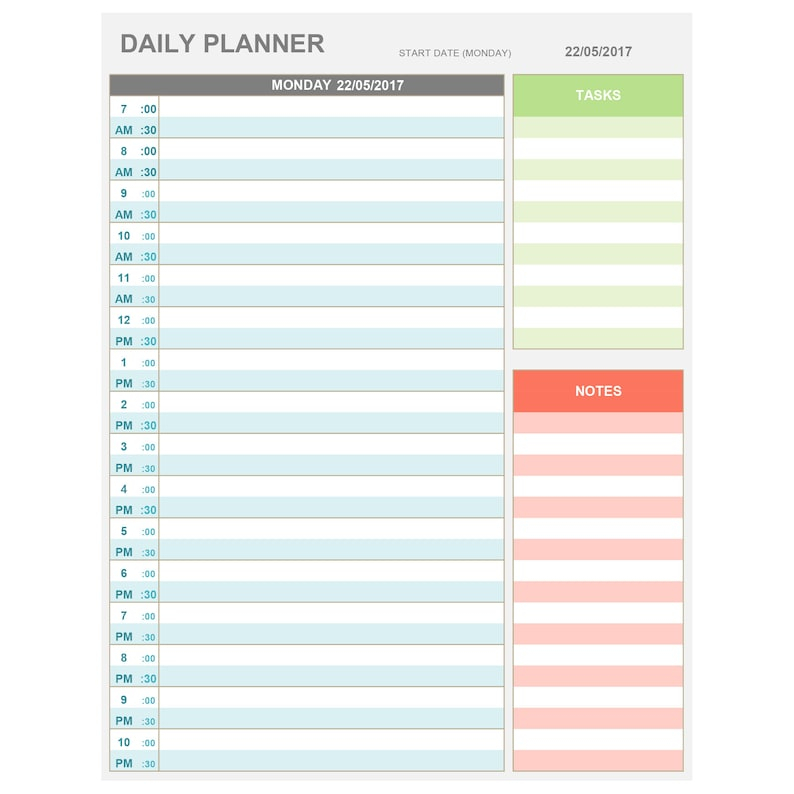 excel daily hourly planner printable editable daily etsy