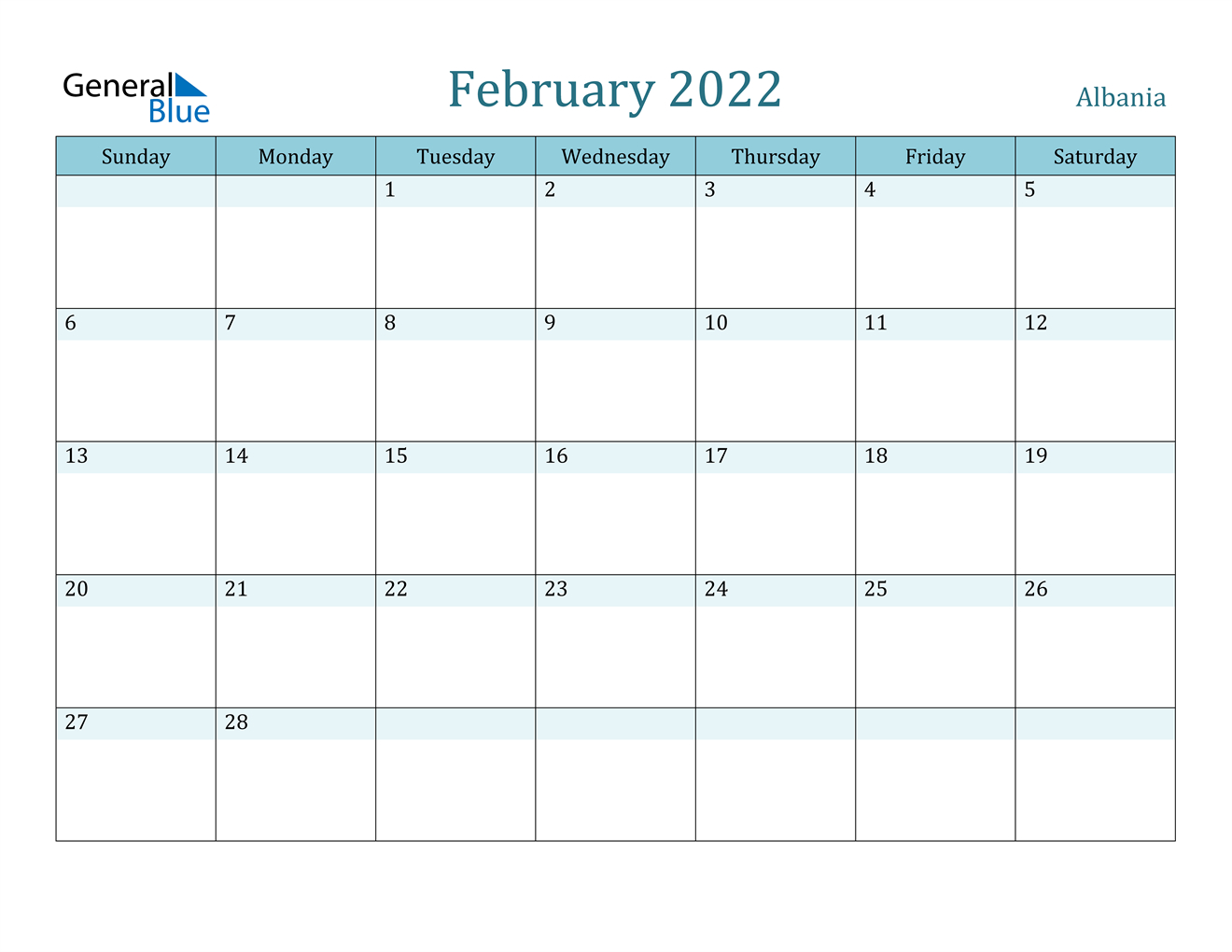 February 2022 Calendar Albania 1