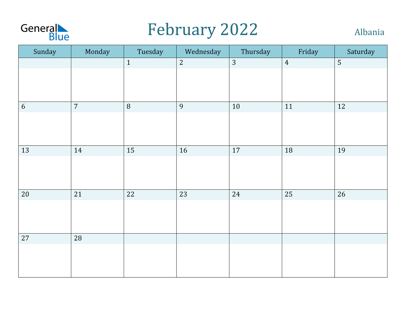 february 2022 calendar albania 2