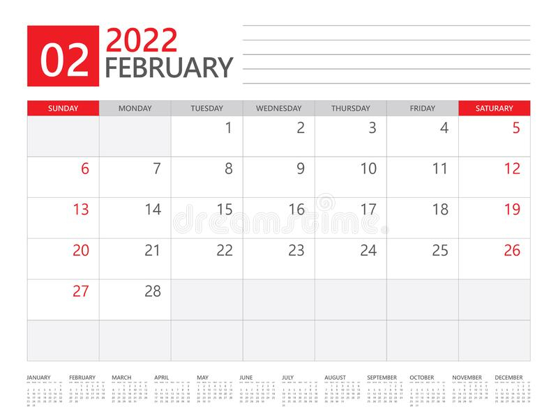 February 2022 Calendar Blue Color Planner Design English