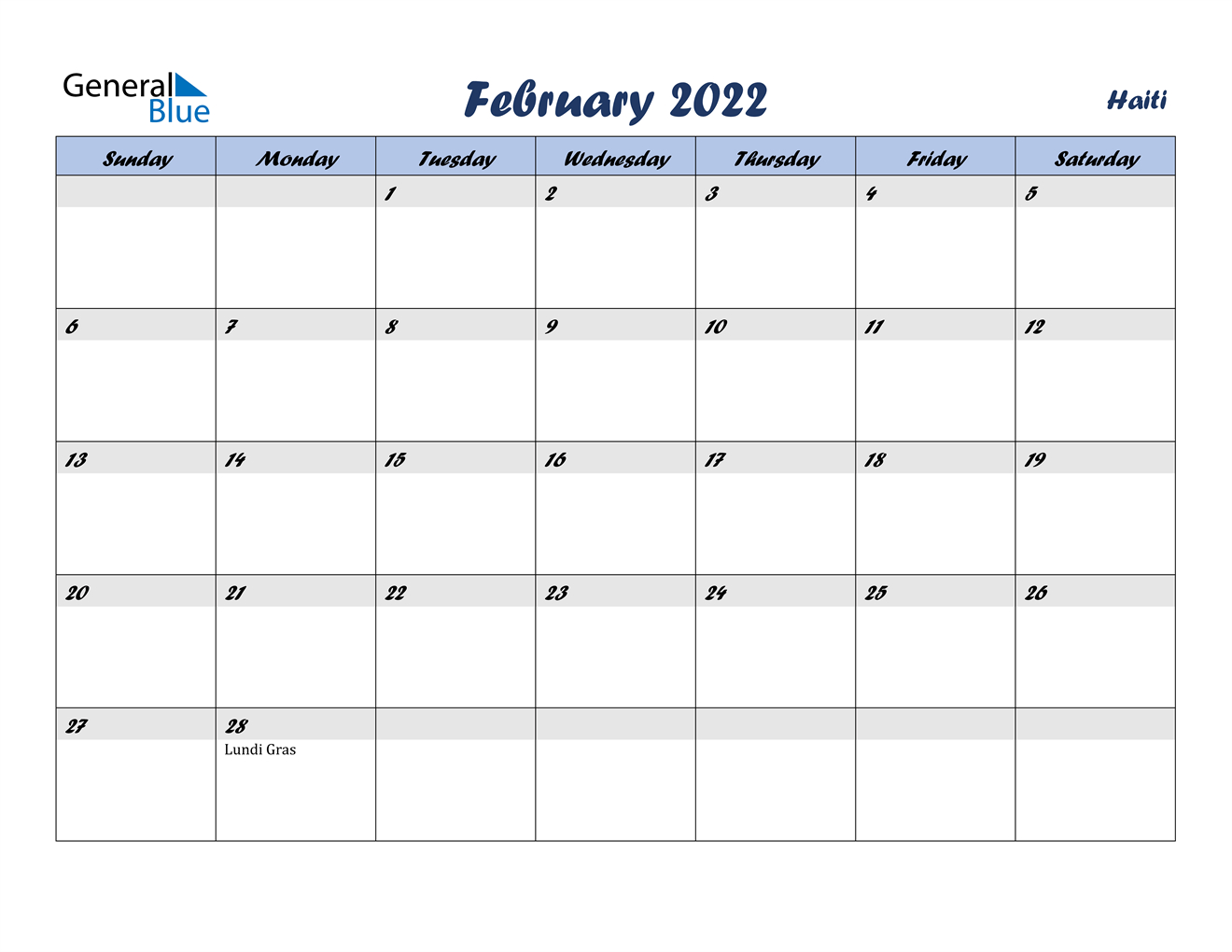 February 2022 Calendar Haiti 1