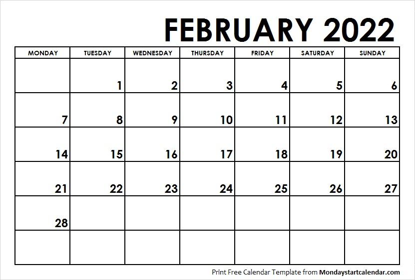 February 2022 Calendar Monday Start February Month Template
