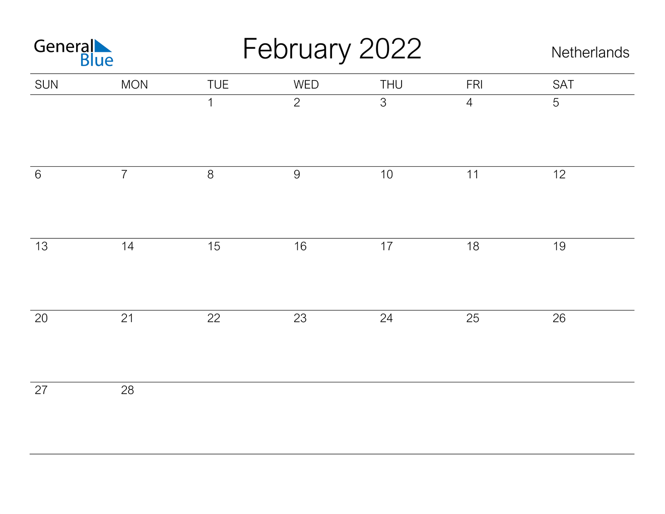 February 2022 Calendar Netherlands