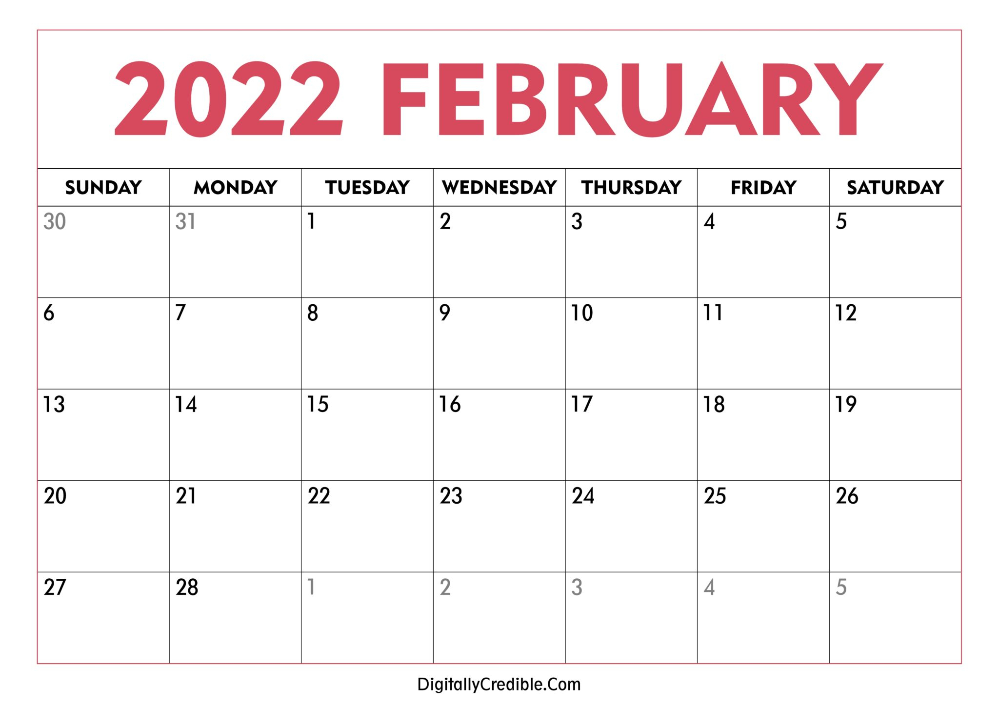 February 2022 Calendar Printable Desk Wall 1