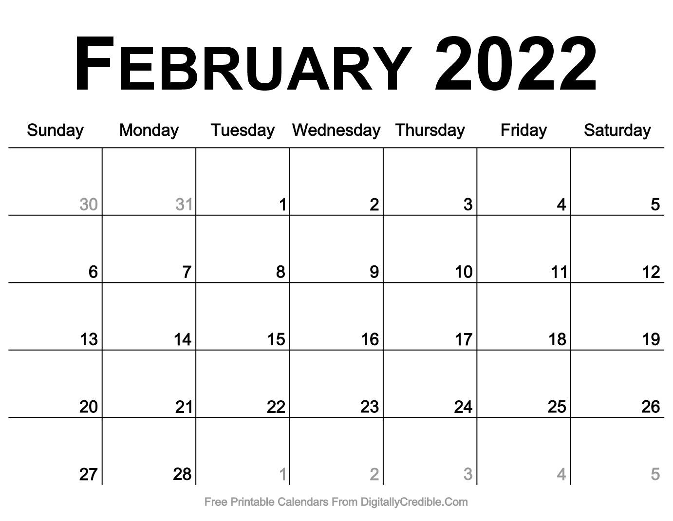 February 2022 Calendar Printable Desk Wall