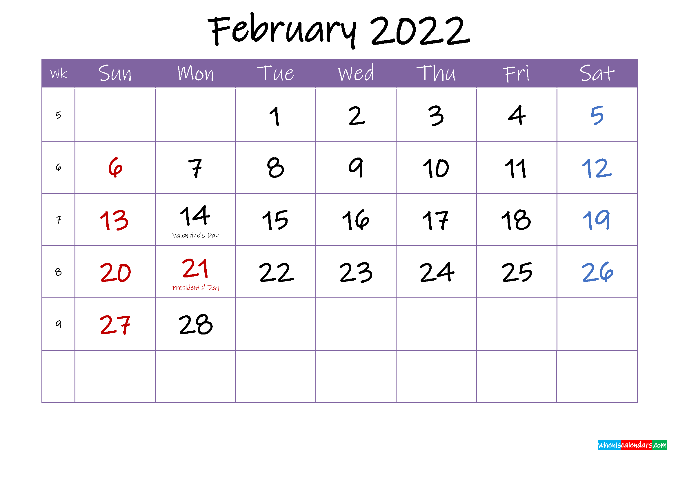 February 2022 Calendar With Holidays Printable Template 2