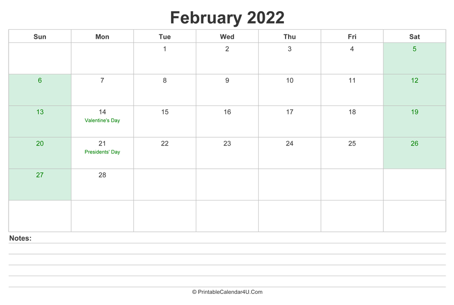 february 2022 calendar with us holidays and notes