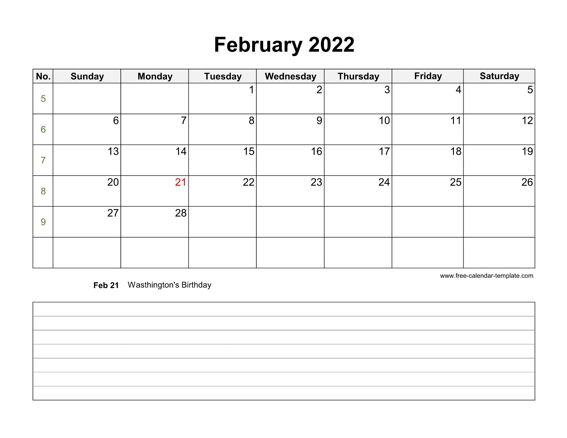 February 2022 Free Calendar Tempplate Free Calendar 1