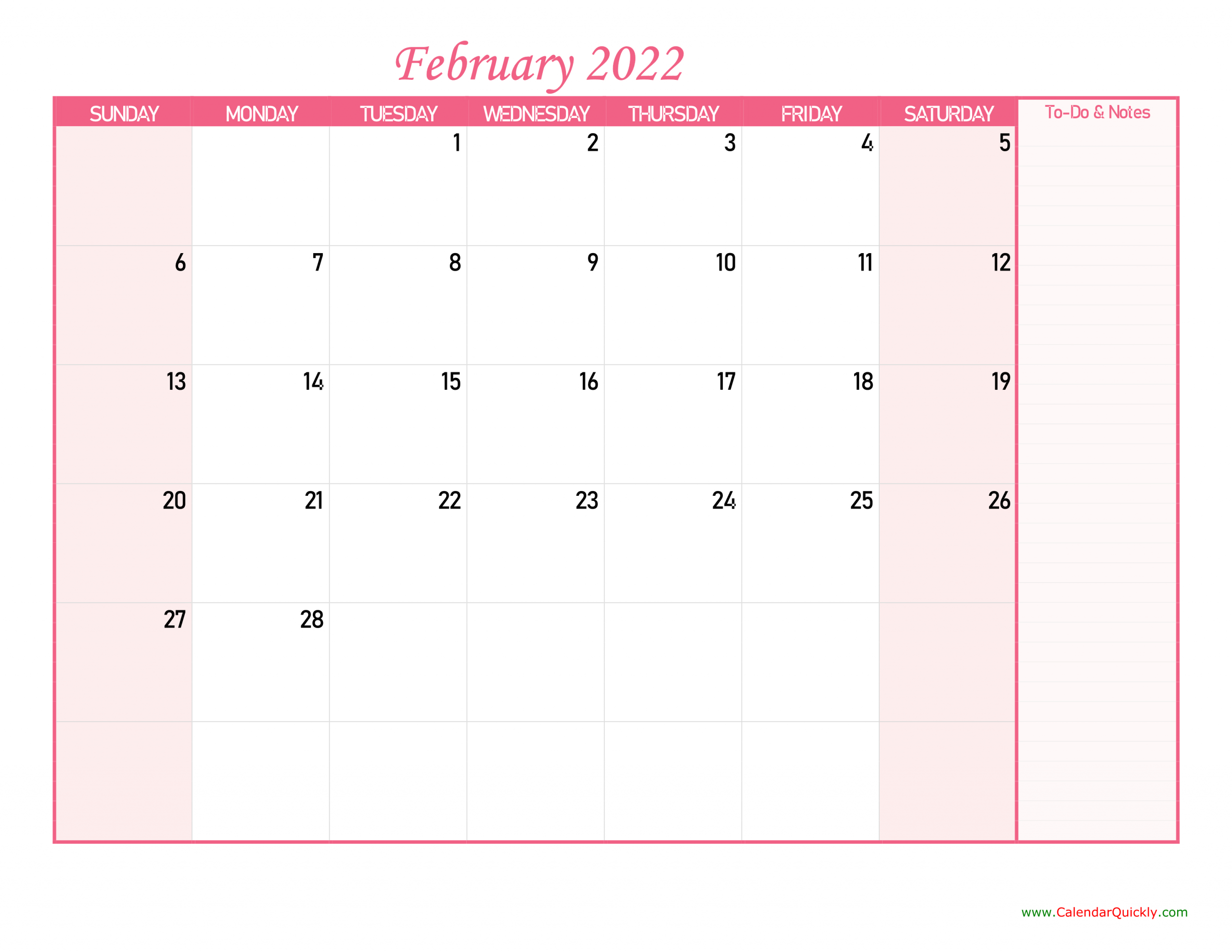 February Calendar 2022 With Notes Calendar Quickly