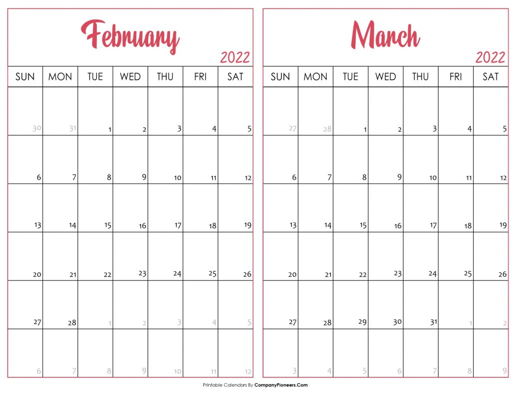February March 2022 Calendar Printable Template 1